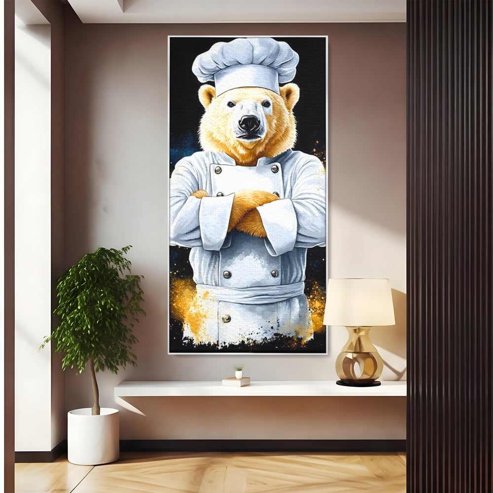 Tablou canvas cu ilustratie urs polar bucatar, in rama de aluminiu argintiu